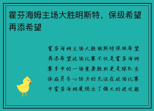 霍芬海姆主场大胜明斯特，保级希望再添希望